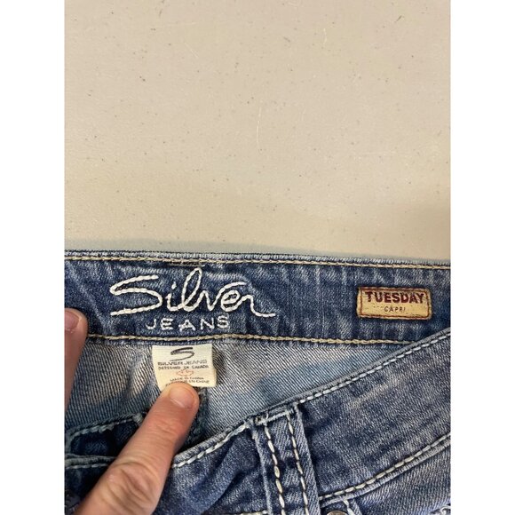 Silver Jeans Tuesday Capris Women's Size 28 Blue Denim Capri Jeans Thick Stitch - Picture 12 of 14